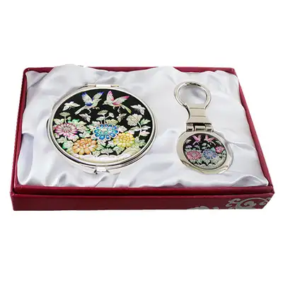 Mother-of-Pearl Mirror and Key Ring Set - Birds and Flowers Design