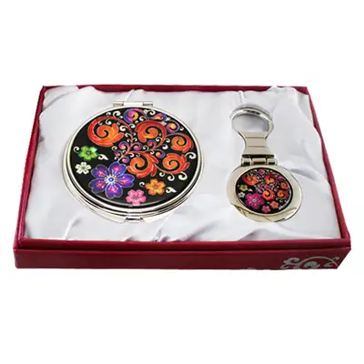 Mother-of-Pearl Mirror & Keychain 2-Piece Set - Early Plum Blossoms on Black