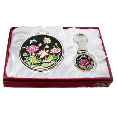 Mother-of-Pearl Mirror & Keyring Set 2-piece Lotus Black