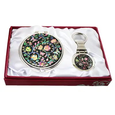 Mother-of-Pearl Mirror & Keyring Set (2 Pieces) - Vine Flower Pattern