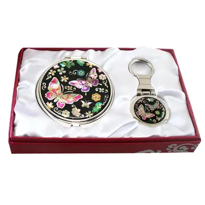 Mother-of-Pearl Mirror & Key Ring Set 2-Piece Flower Butterfly 2