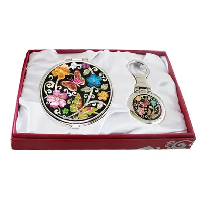 Mother-of-Pearl Mirror & Key Ring Set 2-Piece Plum Blossom Butterfly 2 Black