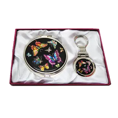 Mother-of-Pearl Mirror & Key Ring 2-Piece Set Colored Butterfly Black