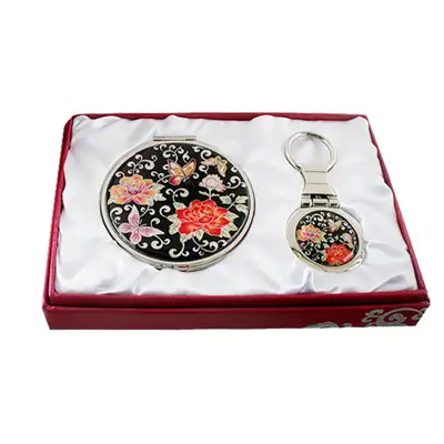 Mother-of-Pearl Hand Mirror and Keyring Set 2-Piece Peony Butterfly Black