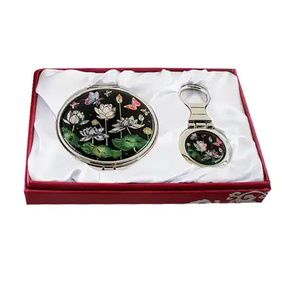 Shell Inlay Mirror and Keyring Set 2-piece - Lotus and Butterfly
