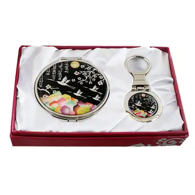 Mother-of-Pearl Mirror & Keyring 2-Piece Set - Plum Blossom and Crane Black