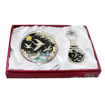 Mother-of-Pearl Mirror and Key Ring 2-Piece Set – Wave and Crane Pattern