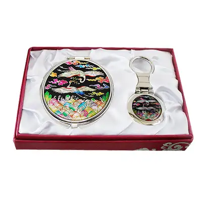 Mother-of-Pearl Mirror and Keyring 2-Piece Set - Crane Rank Badge Black