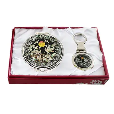 Mother-of-Pearl Mirror and Keyring Set 2-Piece - Scroll Crane Pattern