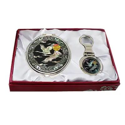 Mother-of-Pearl Mirror and Key Ring 2-Piece Set - Cloud and Crane