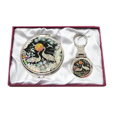 Natural Mother-of-Pearl Mirror and Key Ring 2-Piece Set - Courtly Cranes II