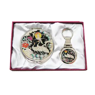Mother-of-Pearl Mirror & Key Ring 2-Piece Set - Royal Crane Design 4