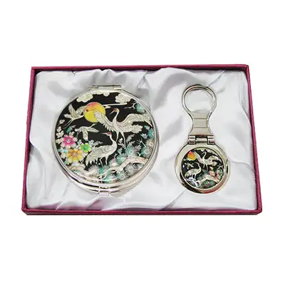 Inlaid Mother-of-Pearl Mirror & Key Ring 2-Piece Set - Royal Crane Design 3