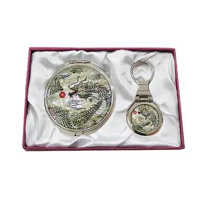 Mother-of-Pearl Mirror & Keyring 2-Piece Set - Black Dragon