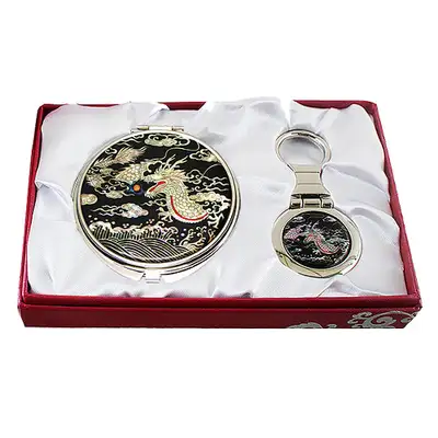 Mother-of-Pearl Mirror and Keyring Set with Dragon Design