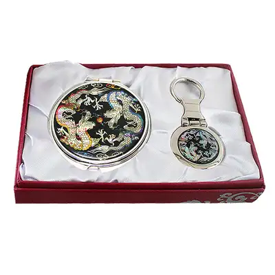 Mother-of-Pearl Mirror & Keyring Set - Twin Dragons