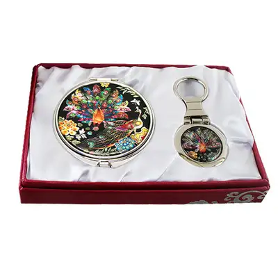 Mother-of-Pearl Mirror and Key Ring 2-Piece Set - Peacock