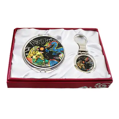 Mother-of-Pearl Mirror and Keyring 2-Piece Set Dragon and Tiger