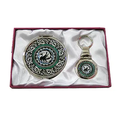 Mother-of-Pearl Mirror and Keyring Set, 2-piece - Three-Legged Bird