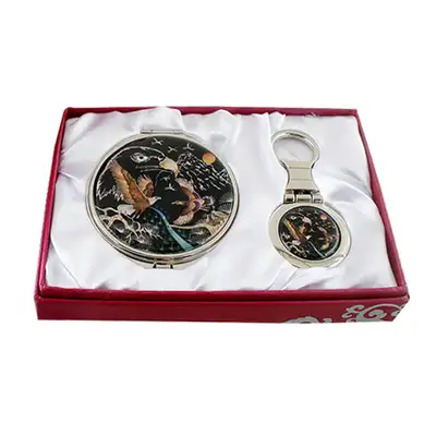 Mother-of-Pearl Mirror Keyring 2-Piece Set with Eagle Design