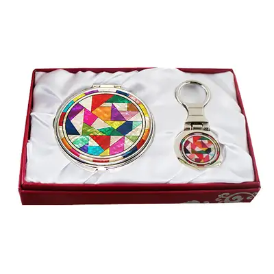 Mother-of-Pearl Mirror & Key Ring 2-Piece Set - Jogakbo Design