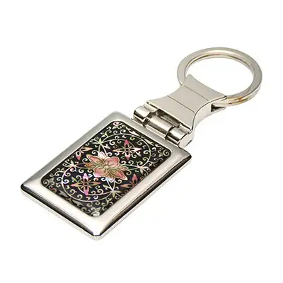 Mother-of-Pearl Square Keyring with Scroll Vine Pattern