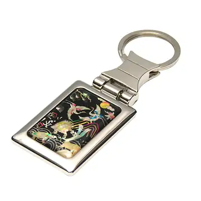 Mother-of-Pearl Square Keyring - Ten Symbols Pine and Crane