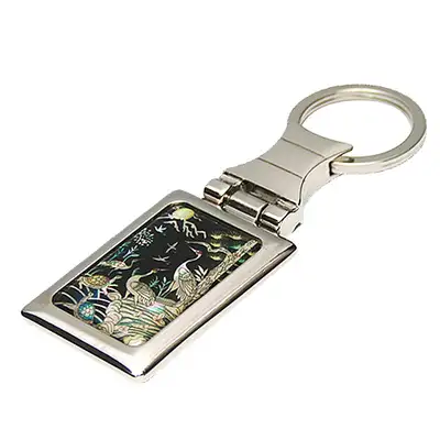 Mother-of-Pearl Square Keyring with Turtle and Crane Design