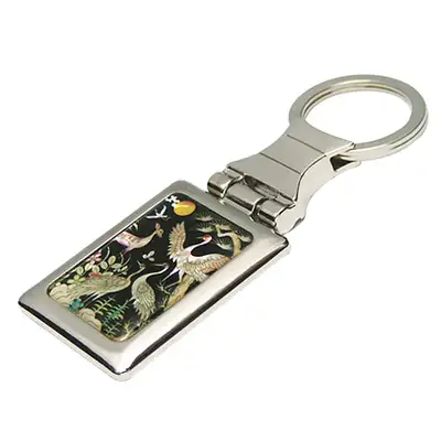 Abalone Mother-of-Pearl Square Keyring - Deer and Crane