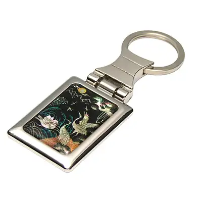 Mother-of-Pearl Square Keyring with Mandarin Ducks and Cranes