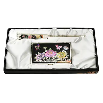 Natural Mother-of-Pearl Business Card Case Jikal 2-Piece Set Chrysanthemum