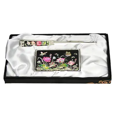 Mother-of-Pearl Business Card Case Ji-Kal 2-Piece Set Lotus Black
