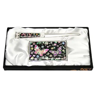 Mother-of-Pearl Business Card Case Zical Set of 2 - Flower Butterfly 2