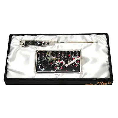 Mother-of-Pearl Business Card Case and Letter Opener Set - Plum Blossom Butterfly 1 Black