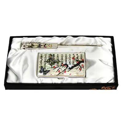 Mother-of-Pearl Business Card Case Jee-Kal Set of 2 - Plum Butterfly 1 White