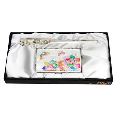 Mother-of-Pearl Business Card Case Set - 2 Types with White Peony Pattern