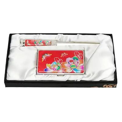 Natural Mother-of-Pearl Business Card Case Nail File Set 2-Piece Red-Tailed Swallow Design