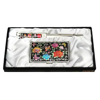 Mother-of-Pearl Business Card Case Jigal 2-Piece Set Peony Butterfly Black