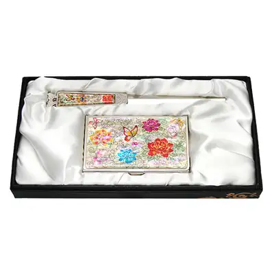 Shell Inlay Business Card Case and Letter Opener Set 2-Pieces Peony Butterfly White