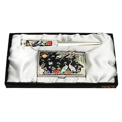 Mother-of-Pearl Business Card Case Holder Set of 2 - Peony and Crane