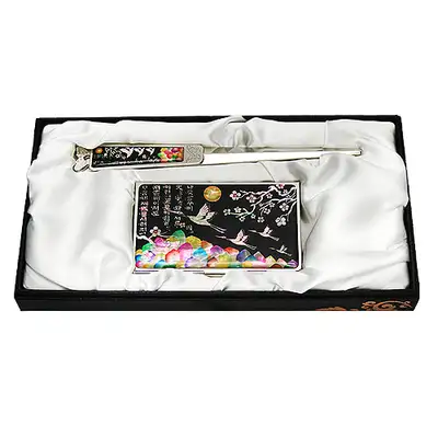 Mother-of-Pearl Business Card Case and Letter Opener Set of 2 - Plum Blossom and Crane Black