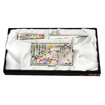 Mother-of-Pearl Business Card Case and Paper Knife 2-Piece Set - Plum and Crane White