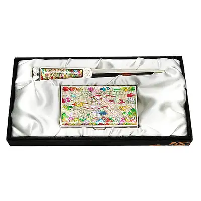 Mother-of-Pearl Business Card Case Jigal 2-Type White with Crane Insignia Pattern