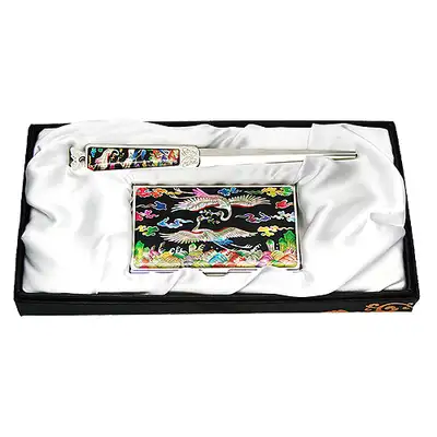 Shell Inlay Business Card Case Holder 2-Piece Set Chest Badge Crane Black