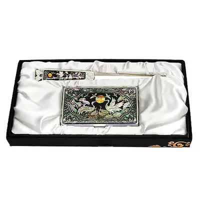 Mother-of-Pearl Business Card Case Jigkal 2-Set with Arabesque and Crane Design