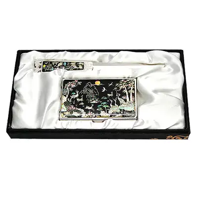 Mother-of-Pearl Business Card Case and Letter Opener Set of 2 - Ten Symbols of Longevity Design