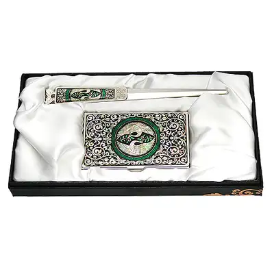 Mother-of-Pearl Business Card Case and Letter Opener Set (2 pieces) - Dual Cranes
