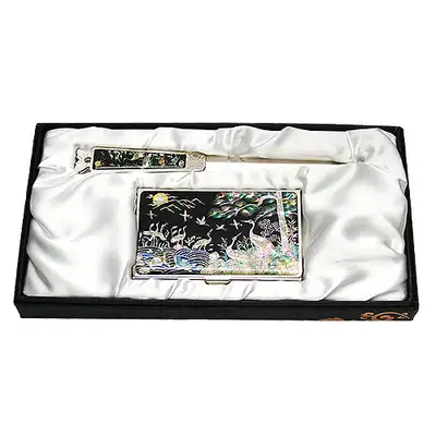 Mother-of-Pearl Business Card Case Jigal 2-Piece Set - Turtle and Crane