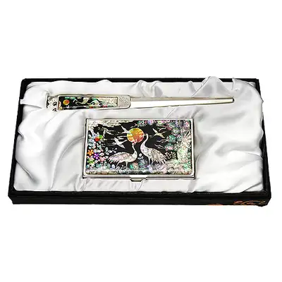 Mother-of-Pearl Business Card Case and Letter Opener Set 2-piece Palace Crane Design 2