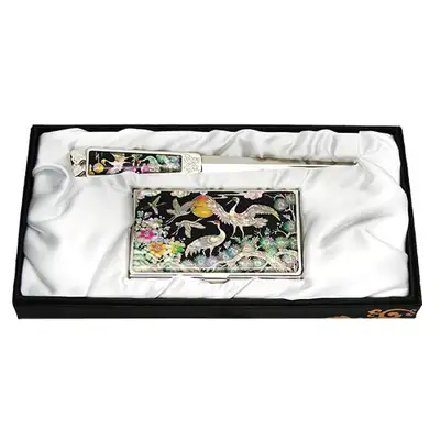 Mother-of-Pearl Business Card Case and Letter Opener Set (2 pieces) - Crane Palace Design 3